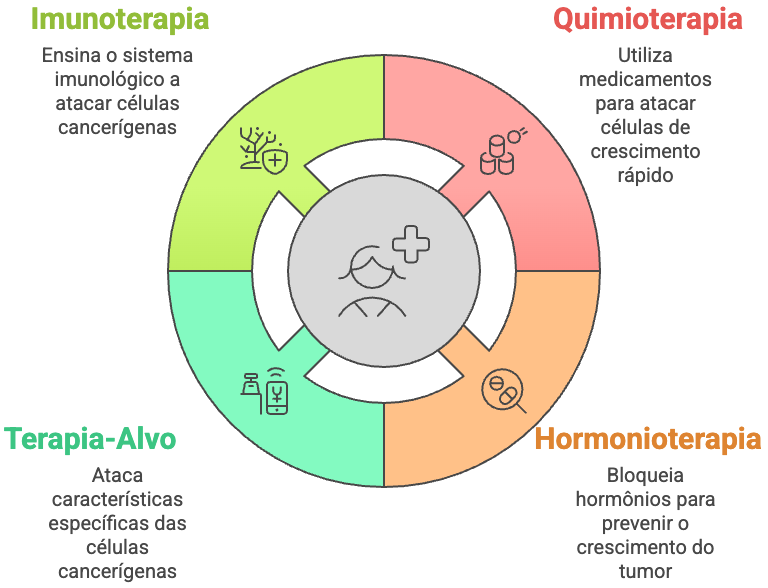Fluxograma-terapias-sistemicas Tipos de terapias sistêmicas: quimioterapia, hormonioterapia, imunoterapia e terapia-alvo.