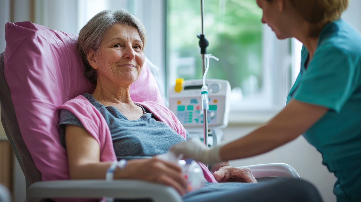 Imagem-quimioterapia-r Enfermeira ajustando soro de quimioterapia em paciente com câncer de mama.