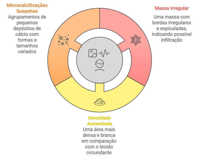 Resultados de mamografia com nódulo suspeito: microcalcificações, massa irregular e densidade aumentada