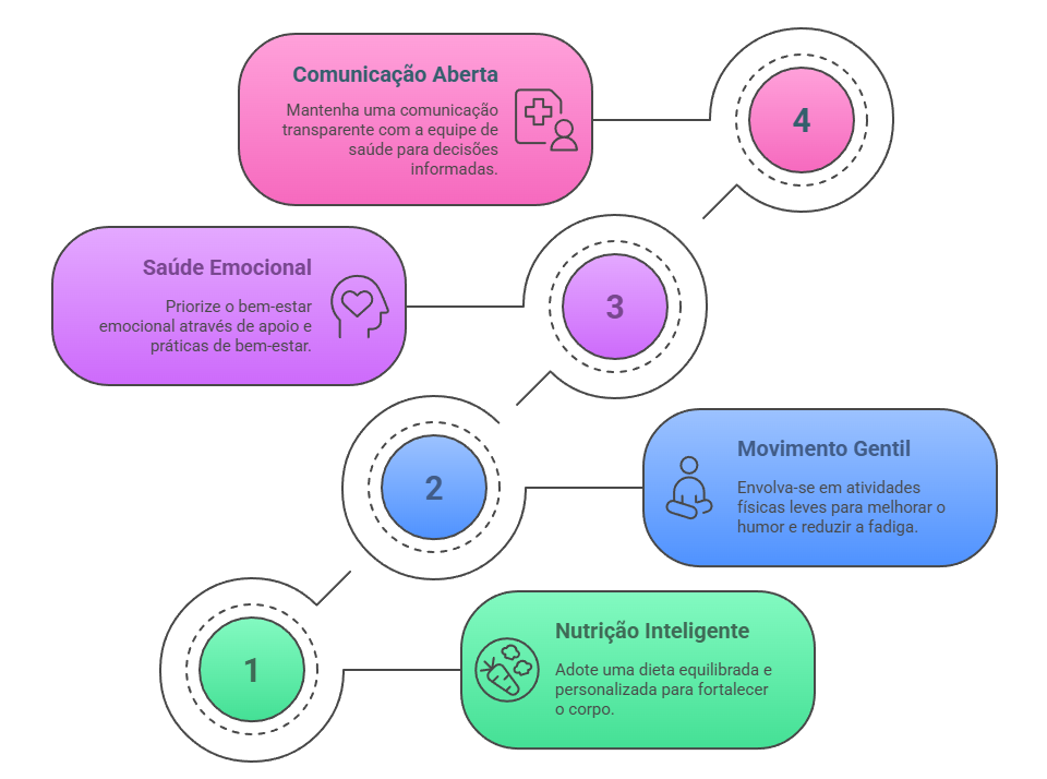 Ciclo integrado de cuidados: alimentação, movimento, equilíbrio emocional e diálogo com profissionais de saúde.