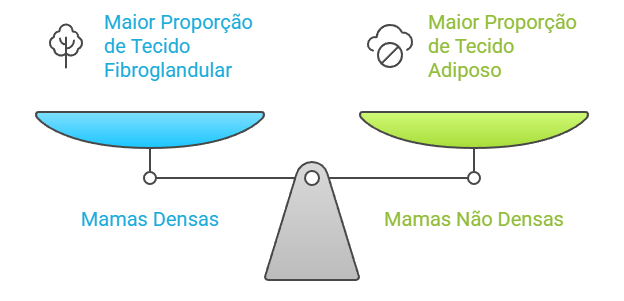 Comparação visual entre tecido mamário denso (predomínio fibroglandular) e não denso (predomínio adiposo) com ícones ilustrativos.