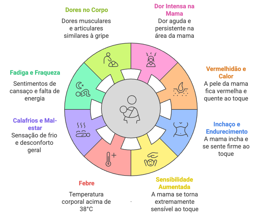 Sintomas locais e sistêmicos da mastite: dor mamária intensa, febre, inchaço, vermelhidão, calafrios e sensibilidade ao toque