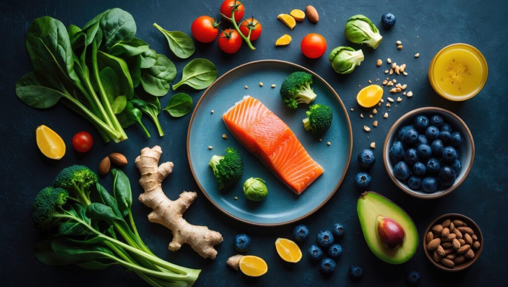 Ingredientes frescos de cozinha saudável: abacate, frutas vermelhas, vegetais verdes e nozes.