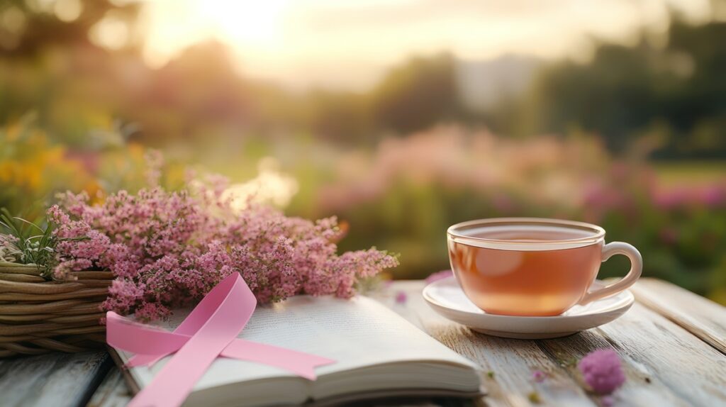 Xícara de chá com laço rosa sobre mesa de madeira ao nascer do sol, simbolizando esperança no tratamento do câncer de mama.
