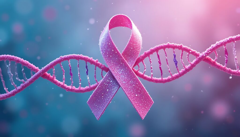 Símbolo de DNA e fita rosa representando a conexão entre genética e prevenção do câncer de mama.