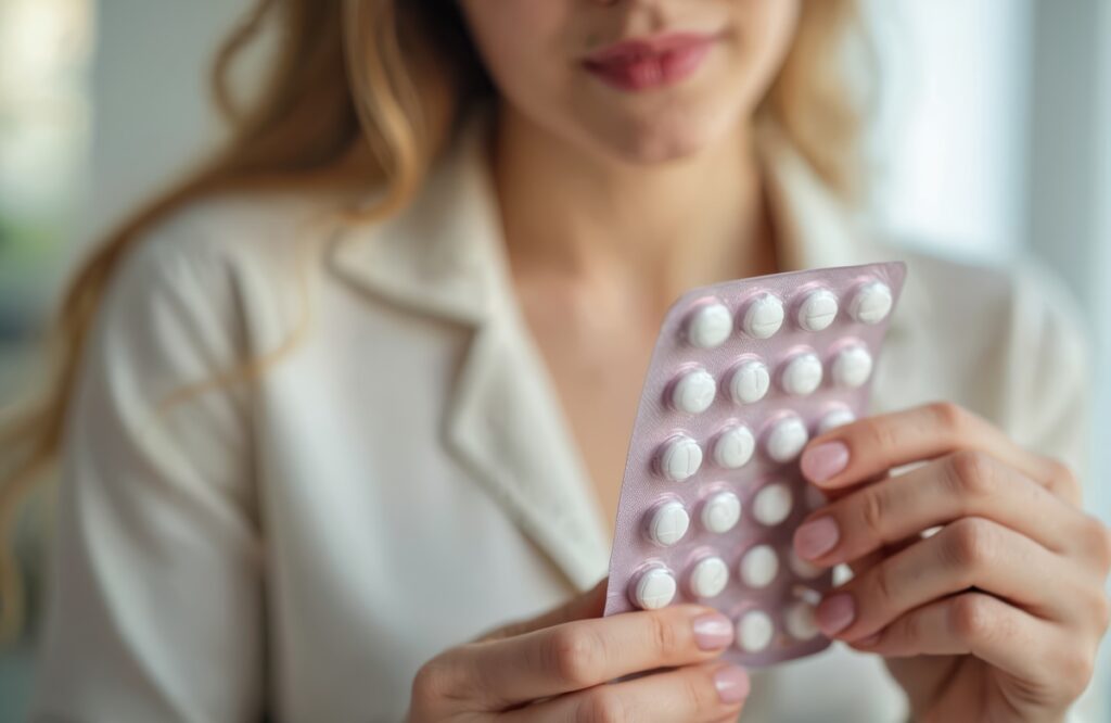 Mulher com câncer de mama segurando cartela de comprimidos de hormonioterapia (ex: Tamoxifeno).