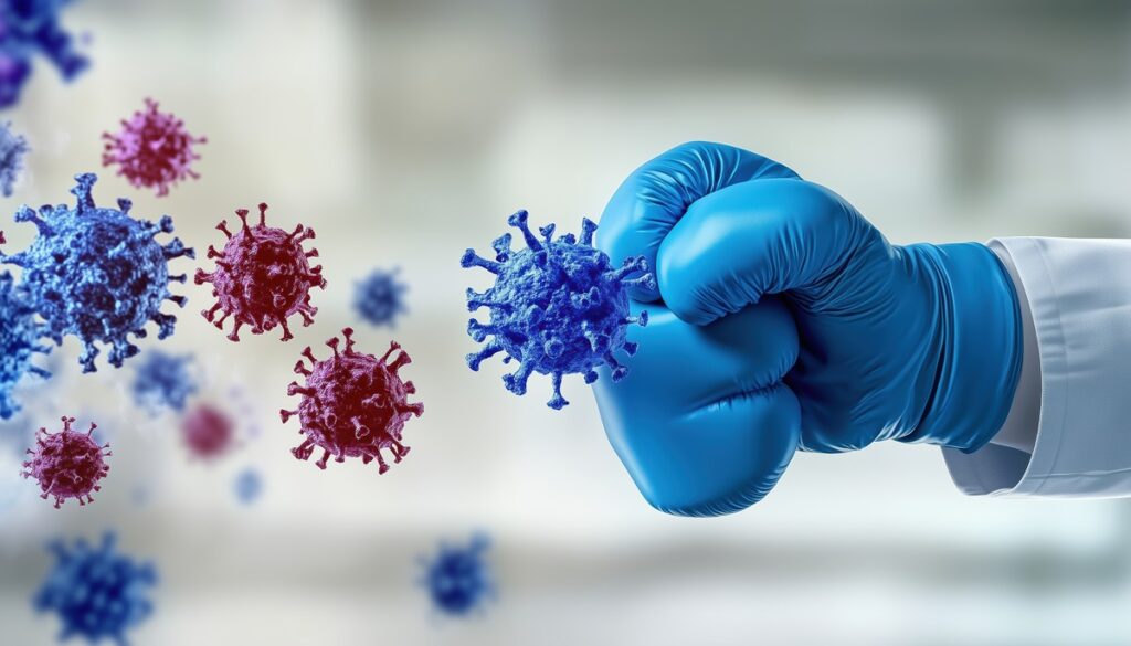 Médico lutando contra células cancerígenas: metáfora do combate ao câncer de mama com terapias inovadoras.