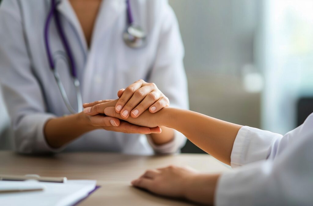 Mãos de médico e paciente simbolizando cuidado e confiança no tratamento do câncer de mama.