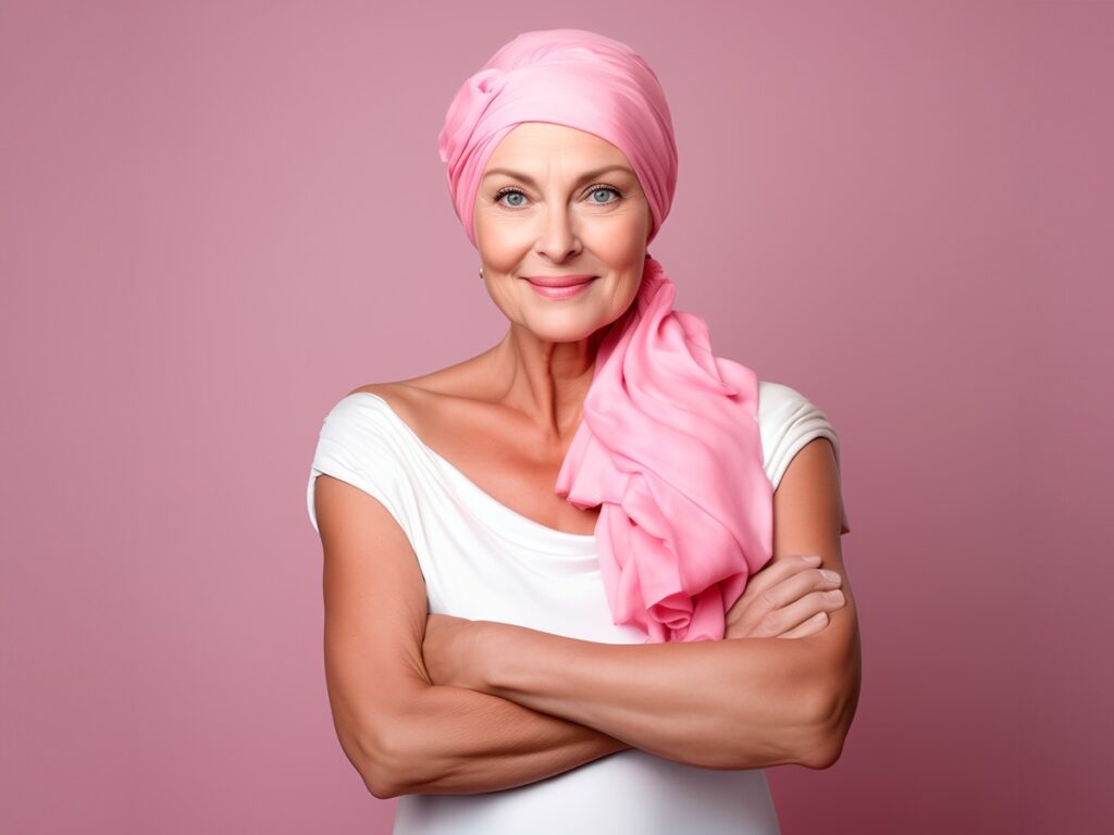 Mulher sorridente e confiante após superar câncer de mama com expressão vitoriosa.