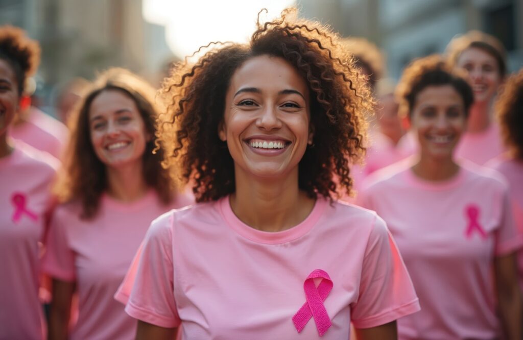 Grupo de mulheres sorridentes celebrando a vida em caminhada de conscientização do câncer de mama.