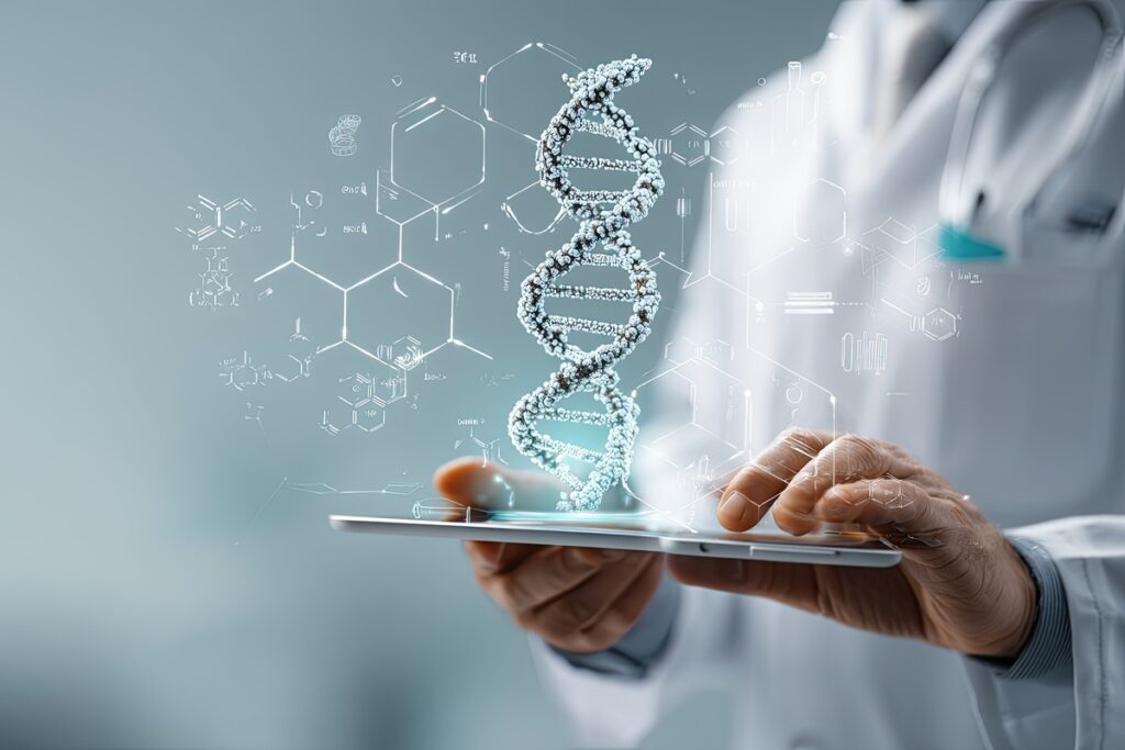 Médico interagindo com interface holográfica de DNA em tablet.