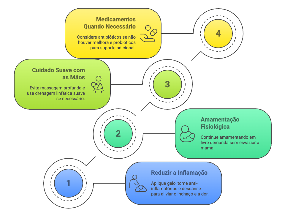 Abordagem em 4 pilares para tratamento de mastite: controle da inflamação, amamentação fisiológica, cuidado manual suave e terapia medicamentosa