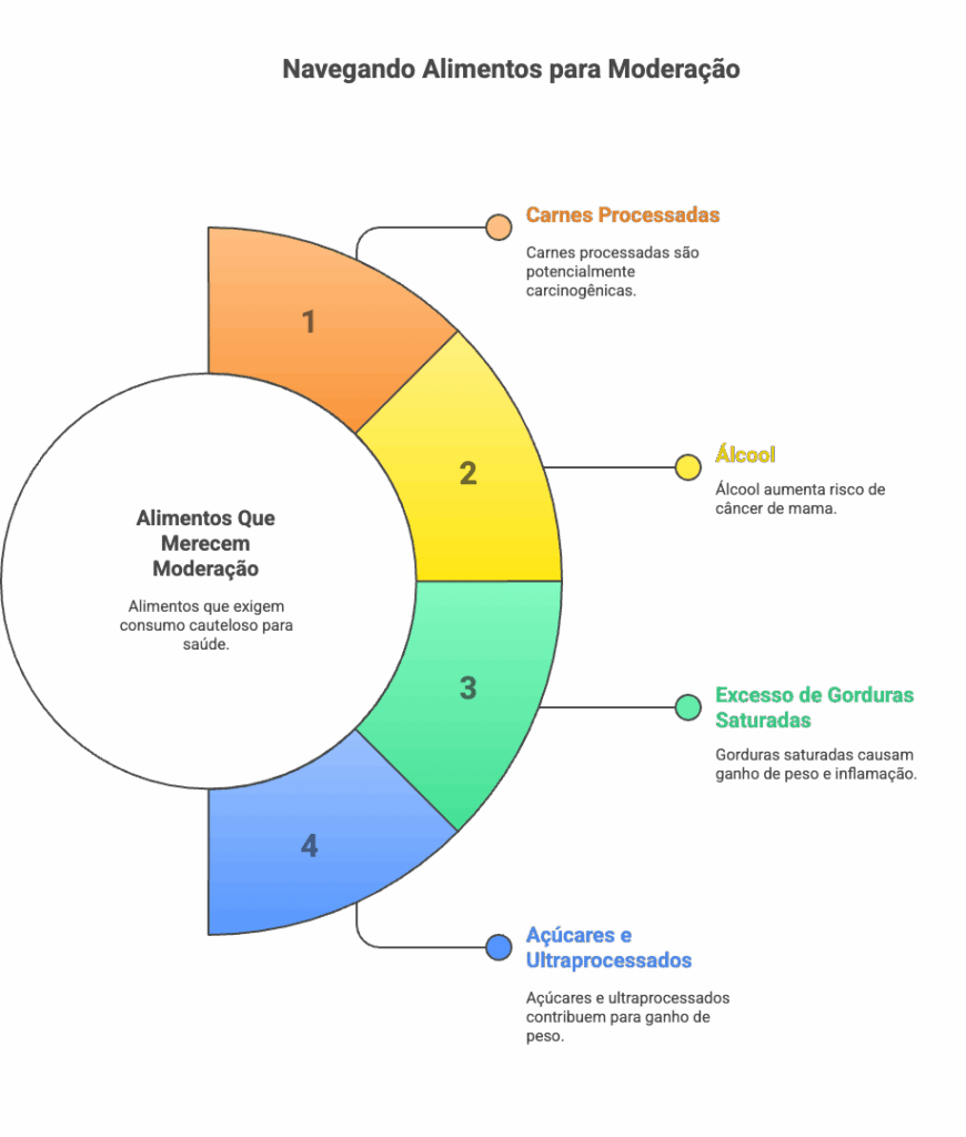 Fluxograma de alimentos que exigem moderação: carnes processadas, álcool, gorduras saturadas e açúcares ultraprocessados