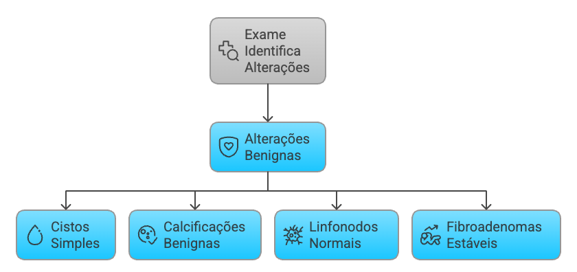 Fluxograma BI-RADS 2 mostrando alterações benignas como cistos e fibroadenomas