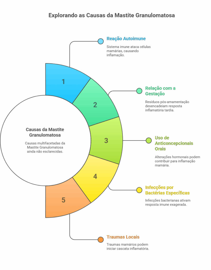 Principais causas da mastite granulomatosa: reação autoimune, gestação, anticoncepcionais, infecções e traumas.