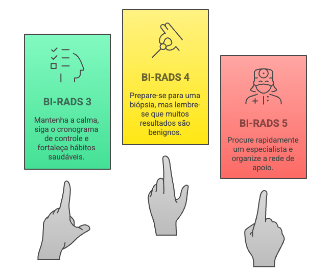Fluxograma de condutas para BI-RADS 3, 4 e 5: acompanhamento, biópsia e tratamento imediato