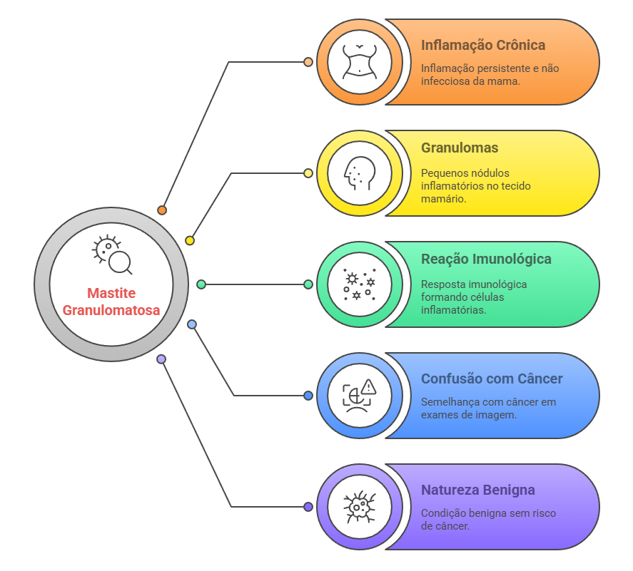 Conceito de mastite granulomatosa: inflamação crônica benigna com granulomas.