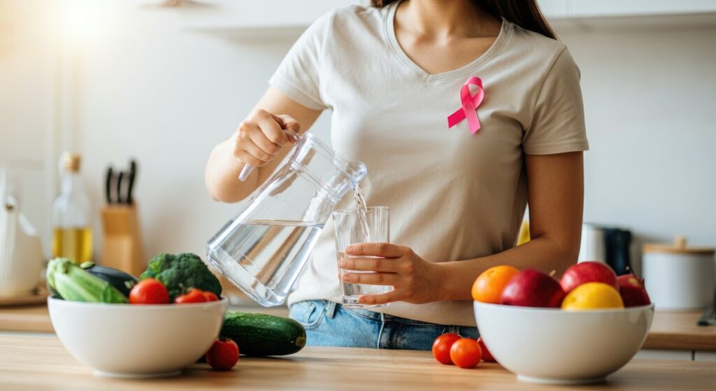 Alimentação saudável: mulher com laço rosa simbolizando prevenção câncer de mama