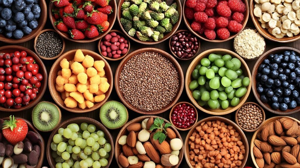 Mix de alimentos protetores: castanhas, grãos integrais e frutas contra câncer de mama