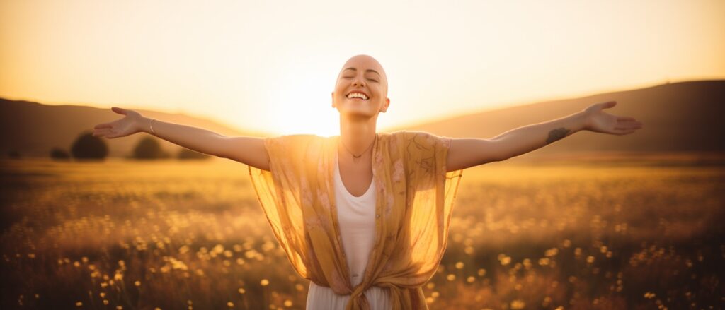 Mulher sobrevivente de câncer de mama celebrando vida livre em campo ao pôr do sol