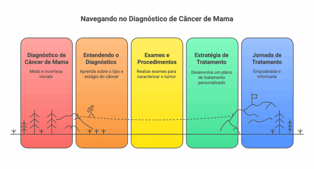 Fluxograma do diagnóstico ao tratamento do câncer de mama: etapas emocionais, exames, planejamento terapêutico e jornada informada.