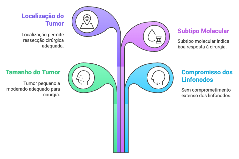 Critérios para cirurgia inicial em câncer de mama: tamanho do tumor, subtipo molecular, localização e comprometimento de linfonodos.