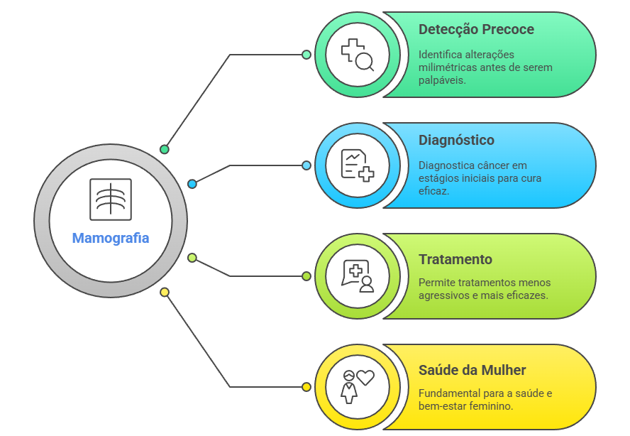 Fluxograma sobre importância da mamografia: detecção precoce, diagnóstico, tratamento eficaz e saúde da mulher.