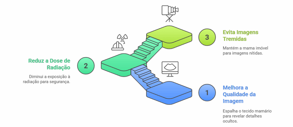 Fluxograma técnico: 3 razões para compressão na mamografia (qualidade da imagem, radiação reduzida e prevenção de tremores).