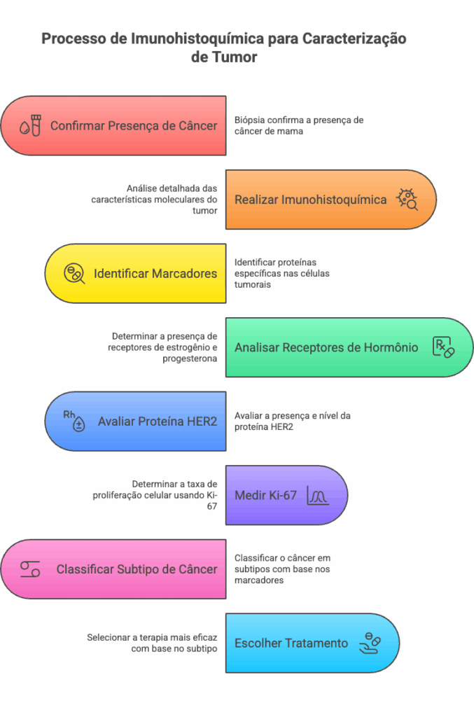 Análise de imunohistoquímica para câncer de mama: marcadores RE, RP, HER2 e Ki-67 para classificação de subtipos.