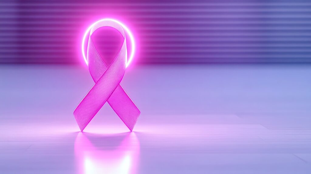 Laço rosa luminoso flutuando sobre fundo escuro, símbolo internacional da conscientização sobre o câncer de mama.