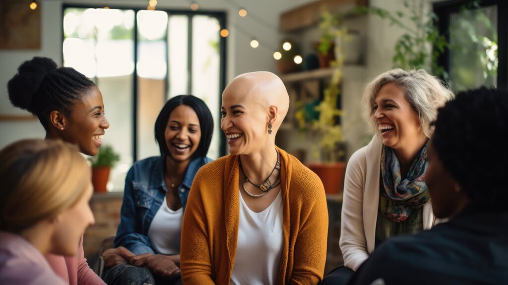 Grupo de apoio multigeracional discutindo experiências sobre câncer de mama em ambiente acolhedor