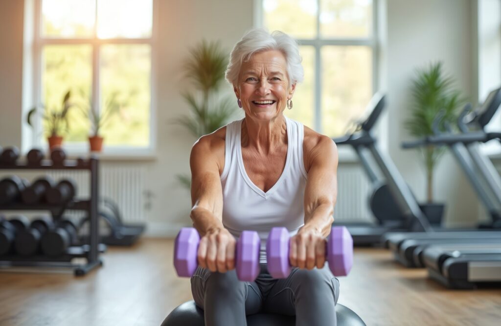 Idosa fortalecendo músculos com halteres na academia, representando benefícios pós-menopausa