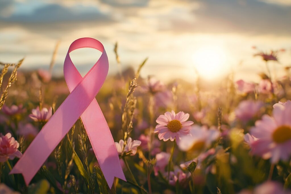 Laço rosa da conscientização sobre câncer de mama em campo florido ao pôr do sol - símbolo de esperança e cura