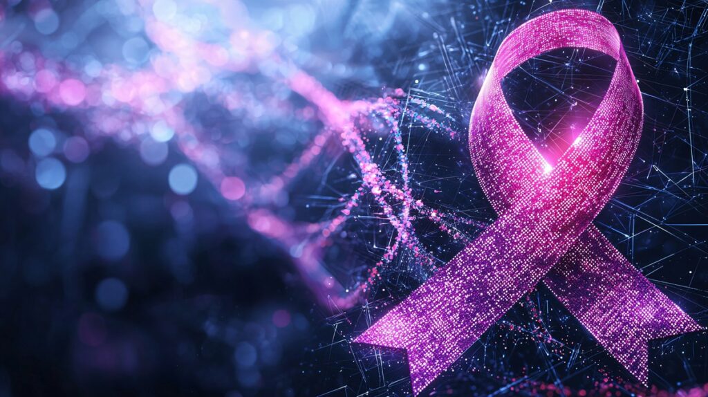 Laço rosa digital com partículas luminosas - tecnologia e esperança na cura do câncer de mama