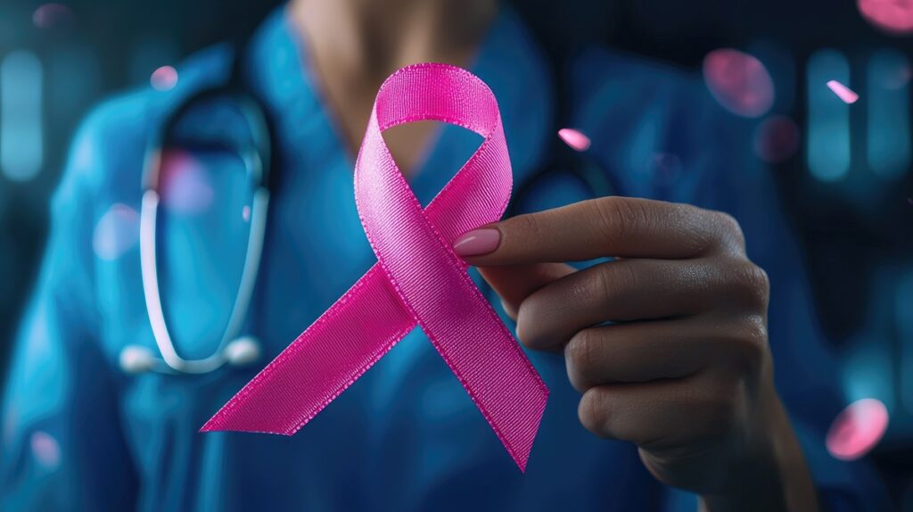 Profissional de saúde segurando laço rosa - símbolo de conscientização do câncer de mama