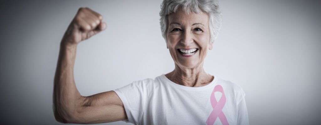 Mulher idosa sorridente com punho erguido em gesto de vitória, representando superação do câncer de mama.