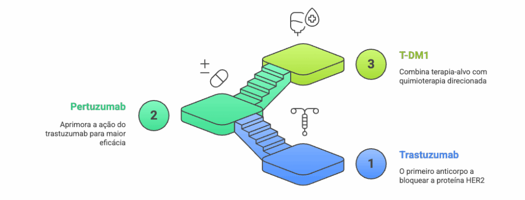 Evolução terapia anti-HER2 câncer mama - trastuzumab pertuzumab TDM1 bloqueio proteína