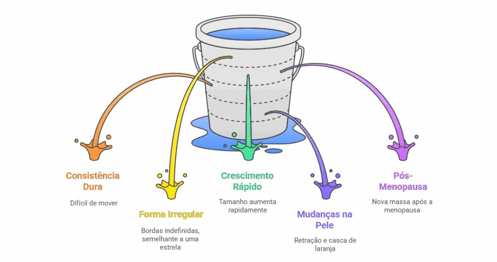 Fluxograma ilustrando as 5 principais características de um nódulo mamário suspeito: consistência dura, forma irregular, crescimento rápido, mudanças na pele e aparecimento pós-menopausa.