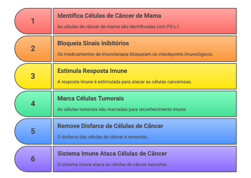 Fluxograma ilustrando 6 etapas da imunoterapia no câncer de mama: identificação de células com PD-L1, bloqueio de checkpoints, estímulo imune, marcação de células tumorais, remoção do disfarce celular e ataque do sistema imunológico.