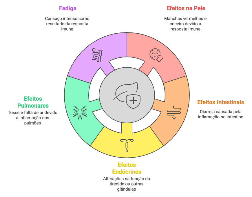 Fluxograma de efeitos colaterais da imunoterapia: fadiga, reações cutâneas, problemas pulmonares, alterações endócrinas e complicações intestinais.