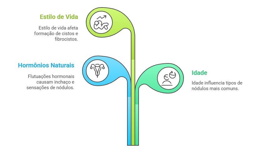 Fluxograma dos 3 fatores que influenciam nódulos mamários: flutuações hormonais naturais, idade e estilo de vida.