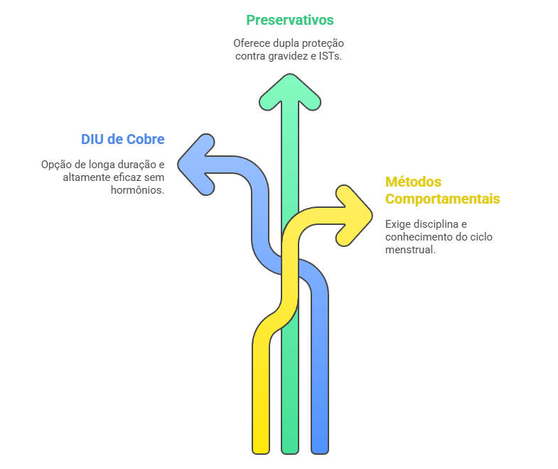Fluxograma de opções de métodos contraceptivos não hormonais, como DIU de cobre, preservativos e métodos comportamentais, ajudando na escolha informada.