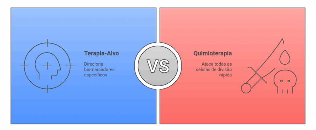Terapia-alvo vs quimioterapia câncer mama - biomarcadores específicos vs células divisão rápida