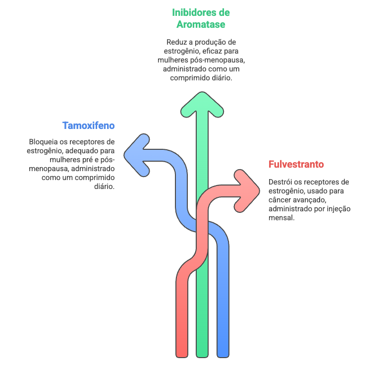 Comparação dos tipos de hormonioterapia: Inibidores de Aromatase para pós-menopausa, Tamoxifeno para todas as fases, e Fulvestranto injetável para casos avançados.