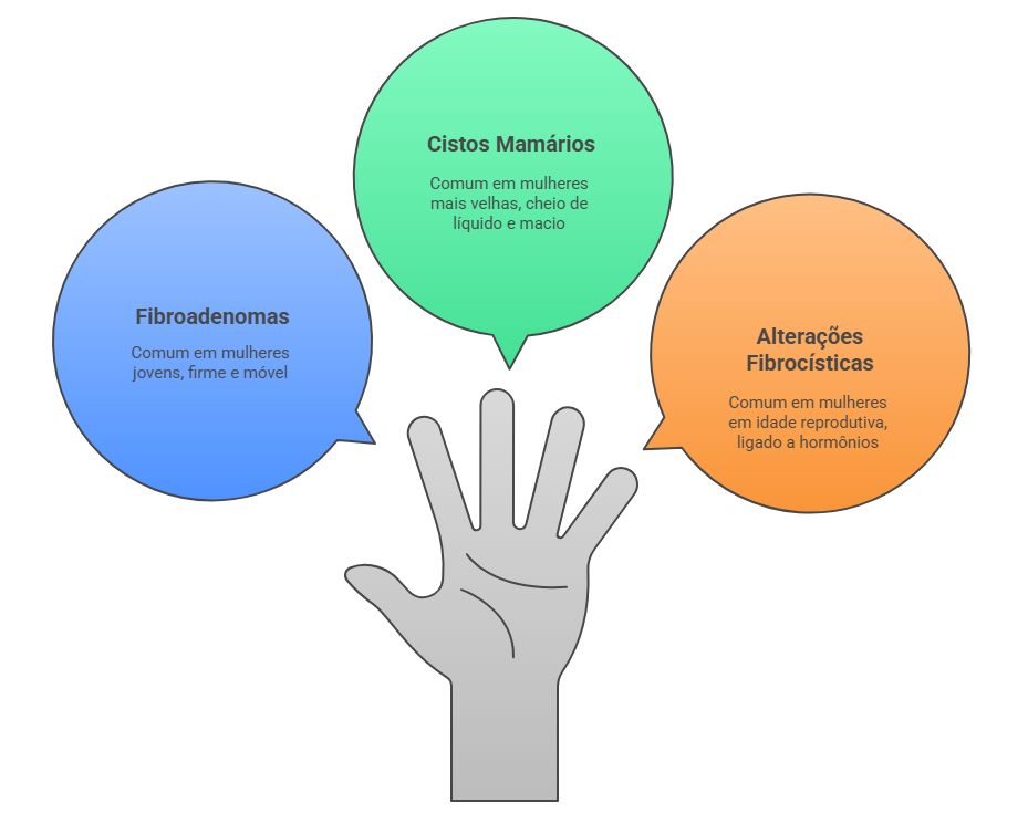 Fluxograma decisional dos 3 tipos mais comuns de nódulos mamários benignos: cistos, fibroadenomas e alterações fibrocísticas, com suas características.