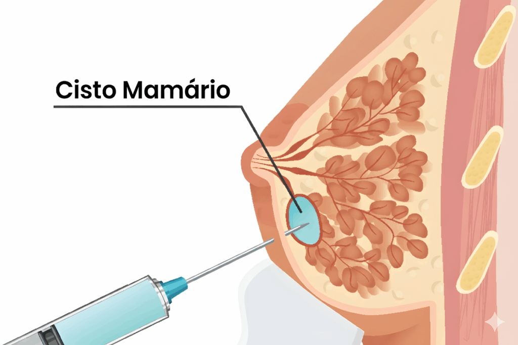 Procedimento de punção aspirativa de cisto mamário guiado por ultrassom, mostrando aspiração do líquido interno.