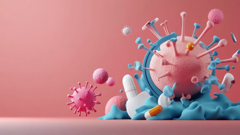 Célula cancerígena com receptores de estrogênio destacados cercada por comprimidos de hormonioterapia (tamoxifeno e inibidores de aromatase)