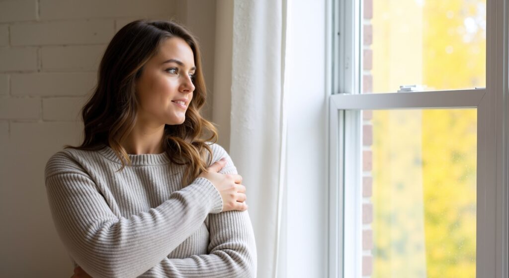 Mulher em momento de autocuidado e introspecção, abraçando-se perto de uma janela com luz suave, representando esperança e tranquilidade após descobrir um nódulo mamário.