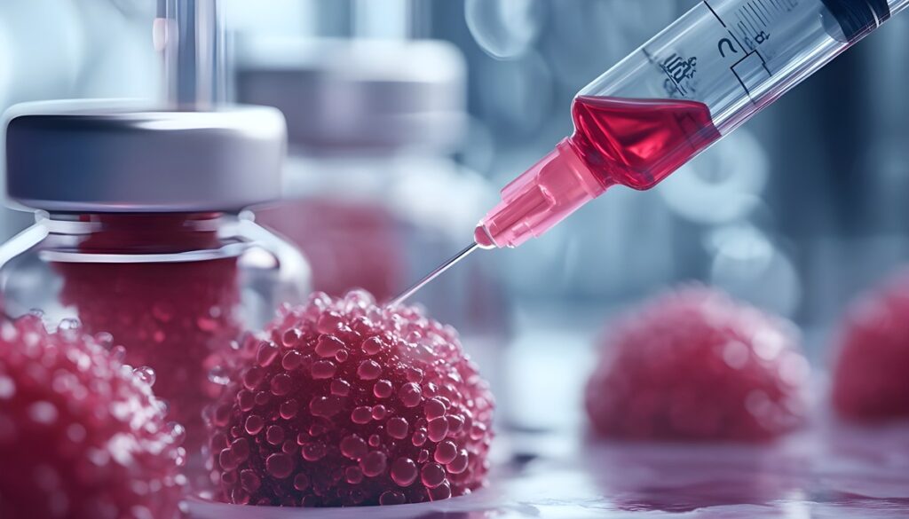 Modelo 3D de célula cancerosa sendo alvo de injeção terapêutica simbolizando imunoterapia personalizada para câncer de mama em laboratório