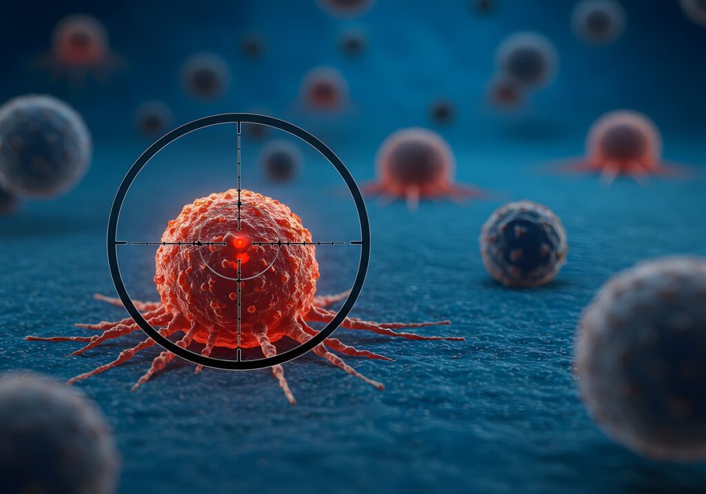 Alvo terapêutico mirando célula cancerígena - terapia direcionada para câncer de mama com precisão molecular